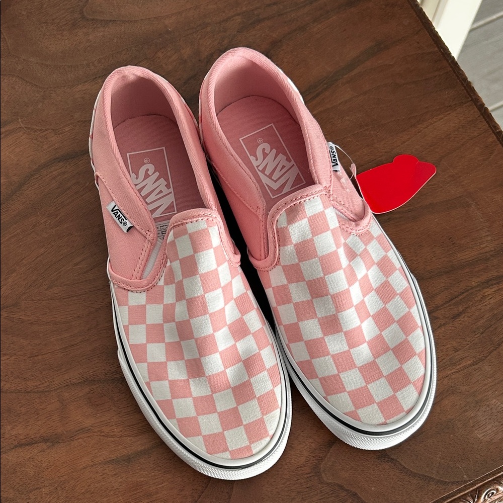 Vans Women’s Pink and White Checkered Slip-On Sneakers
